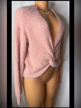 Fashion Nova Blush Pink Fuzzy Knot-Front V-Neck Sweater